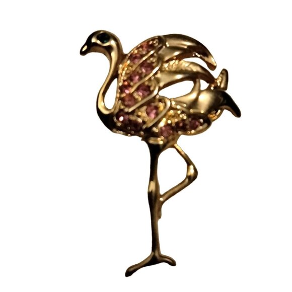 Gold Pink Flamingo Rhinestone Earrings Tropical Statement Coastal Tiki - Picture 3 of 5